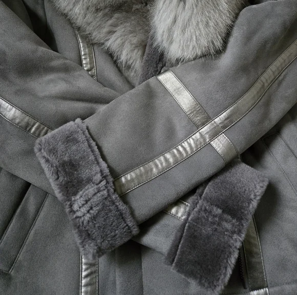 White House Black Market Grey Fur Coat - Picture 2 of 5